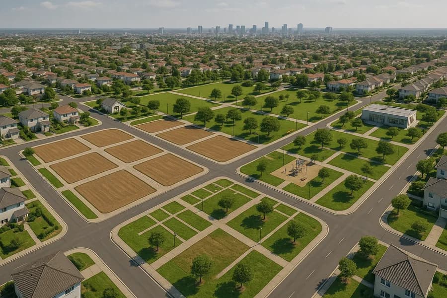 Vista aérea de loteamento urbano com quadras, ruas e lotes